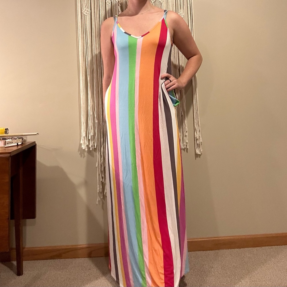 NEW Rainbow maxi dress, stretchy, shelf bra tank top
